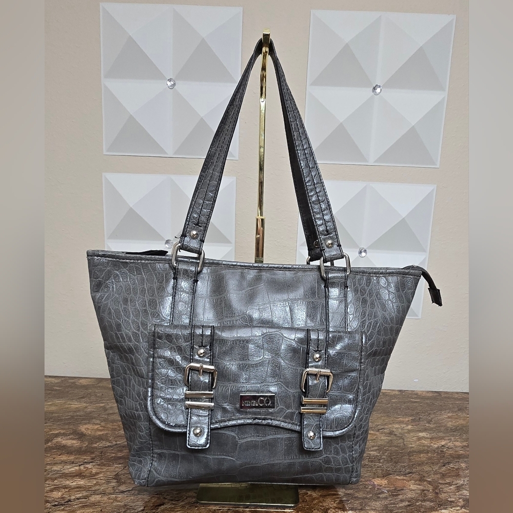 Nine & Co Gray Croc Embossed Tote Shoulder Bag Buckle Pocket Structured Handbag